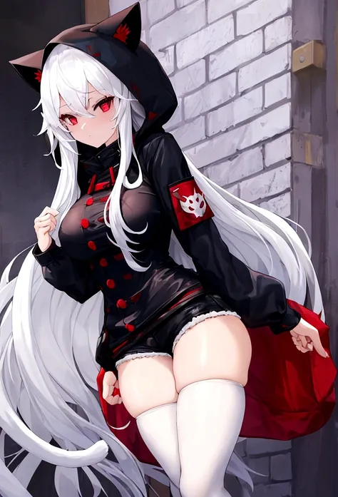 Girl with long white hair,red eyes, wear short shorts and tights, has a coat with a hood made of cat ears, nice body, big boobies.