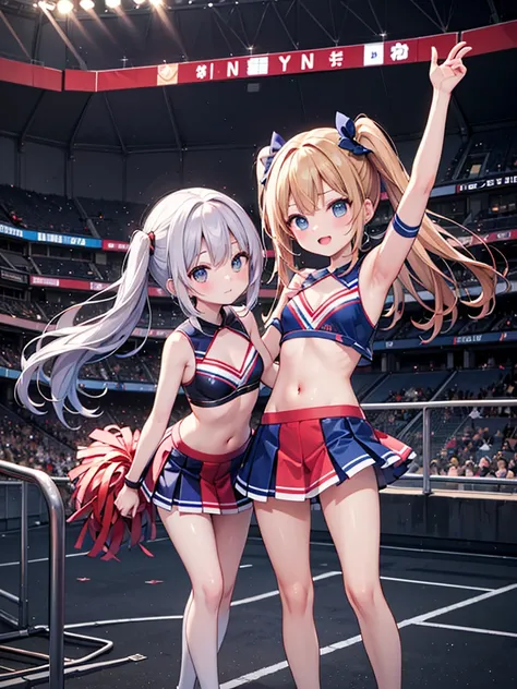 RAW Photos, Highest quality, High resolution, Very detailed、 8K image quality、Cheerleader trio、skirt、13 years old、Stadium、Put your arm around someone&#39;s shoulder、Nipples are see-through with sweat