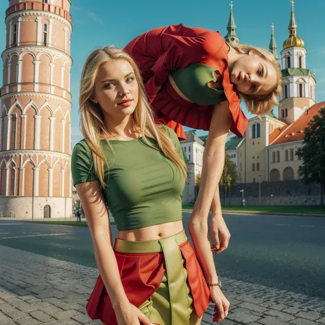 Lituania, pretty women blonde, ((In Vilnius City)), (((the Vilnius cathedrale tower))), (((wear a green top)), (((wear a red skirt)))