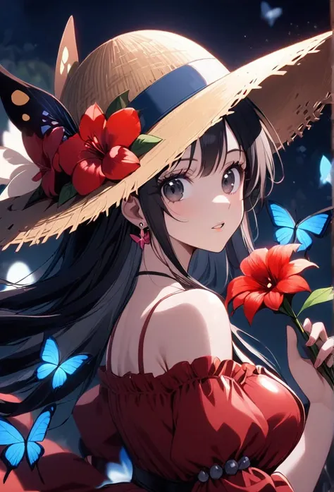 1girl, butterfly, bug, solo, hat, long_hair, jewelry, earrings, blue_butterfly, black_hair, straw_hat, looking_at_viewer, flower, dress, hat_flower, parted_lips, upper_body, bare_shoulders, breasts, black_eyes, red_flower, red_dress, from_side, butterfly_h...