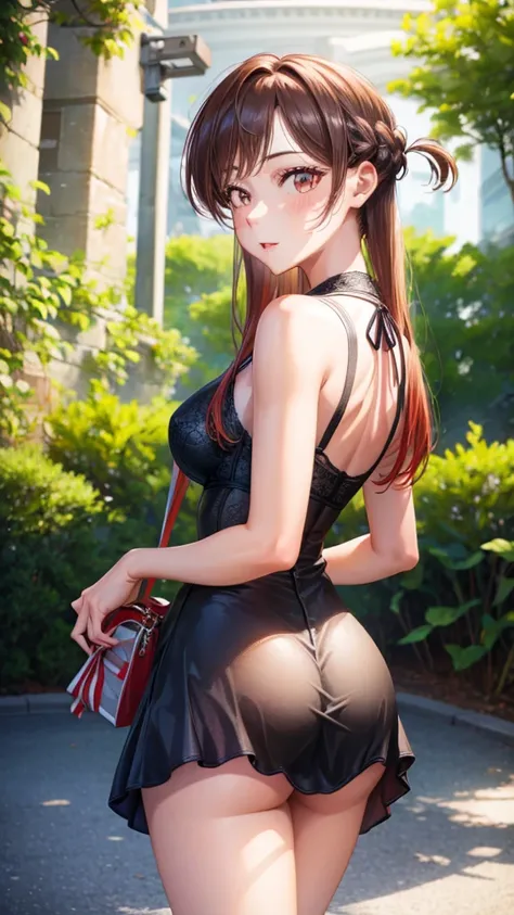 high resolution, ultra-sharp, 8k, Masterpiece, Mizuhara Chizuru , looking at the viewer, Photography from behind, thick ass, wearing black underwear, seductive smile, beautiful face, ashamed, ashamed, hands on the