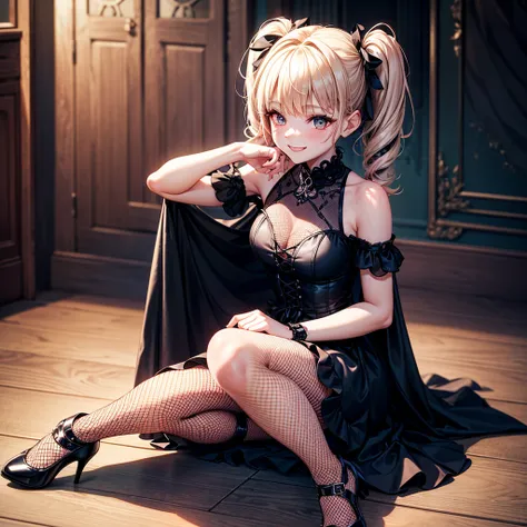 (extremely detailed CG unity 4k wallpaper),(masterpiece),(best quality),(ultra-detailed),(best illustration),(best shadow),(absurdres),(detailed background),Cute femboy, Long pigtails, Goth, Black eyeliner, Short gothic dress, Sitting, shy, blushing, black...