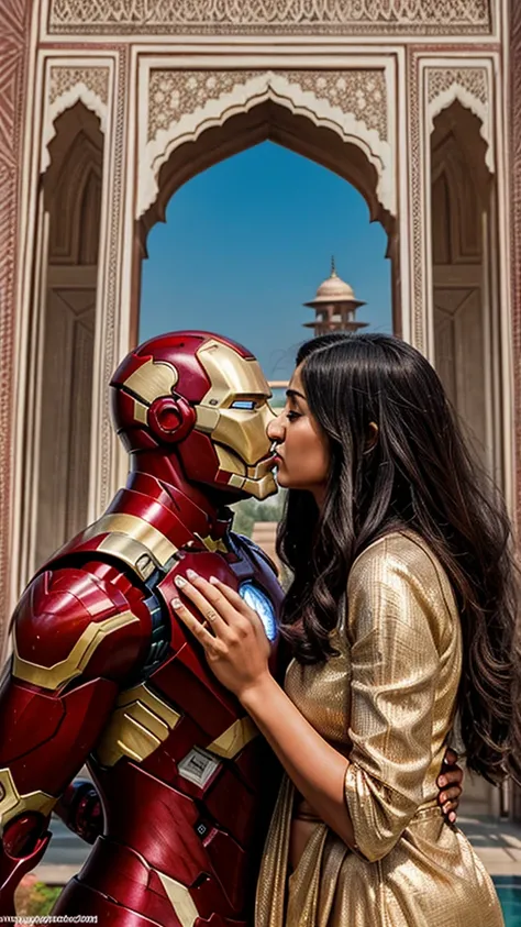 Iron man and his girlfriend kiss,  realistic , india background Taj Mahal