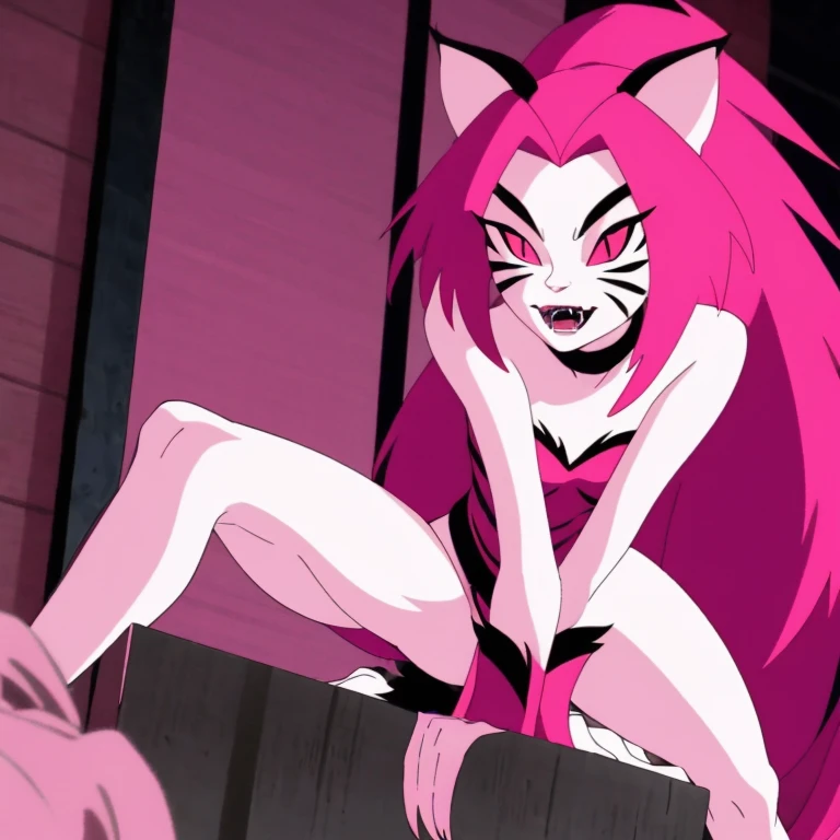 NyaNya, 1girl, solo, pink eyes, pink hair, pink skin, long hair, cat ears, pink sclera, cat tail, claws, slit pupils, pink lips, whisker markings, pink leotard, fangs, bare shoulders, choker, best quality, masterpiece, park