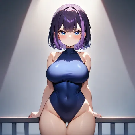 1 girl,short hair,bare,dark purple hair,purple hair,light blue eyes,Two-tone hair,Thighs,Two-tone eyes,big breast,blue one-piece,straight-on,masterpiece,best quality,very aesthetic,absurdres