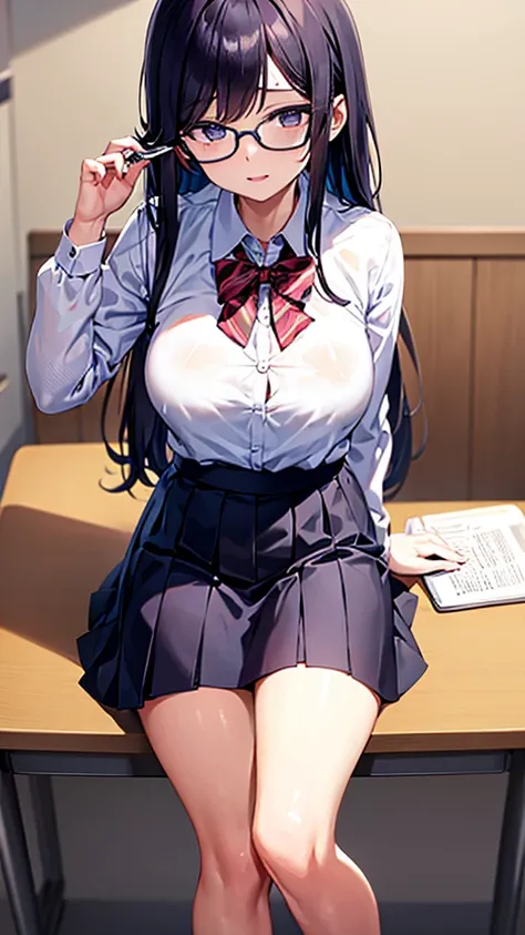 bully student in a high school classroom. She is wearing a  skirt and blouse. He has a wicked smile and long, flowing hair.. She is standing, leaning forward, and holds a notebook. in front of her, Sitting at your desk, There is a nerdy boy with big glasse...