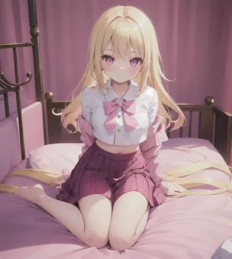 cute girl, pouting, smiling, kneeling on the bed with a pink mattress, wearing a short skirt and a crop top, blonde hair, pink eyes