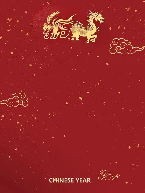 Chinese New Year background with golden dragon and clouds, 1128x191 resolution, 6k, 6,000, Golden Chinese text, Poster background, 9k, Nine thousand, Chinese traditional texture, Simple red background, 1 2 thousand, 12K, 8K, Eight thousand, Mobile phone ba...