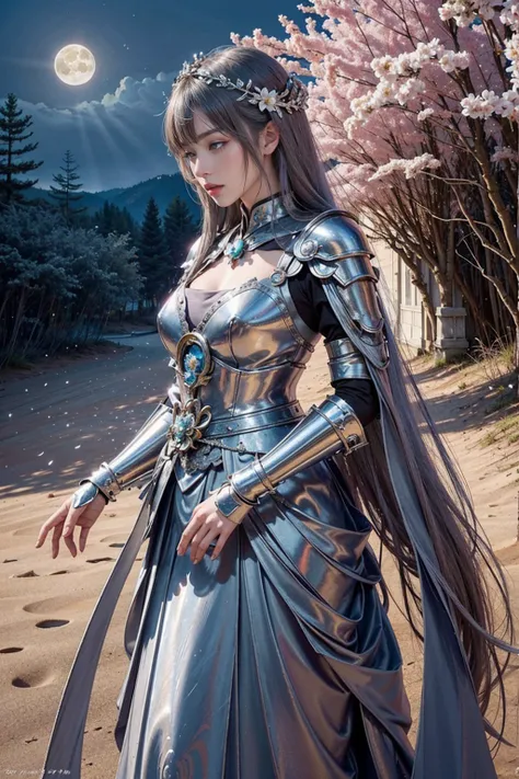 A striking realistic photo of a beautiful Japanese female warrior in vibrant silver armor and adorned with fresh flowers. The armor mixes metal and organic elements, with flower petals interwoven into the design. She creates with her hands a magnificent sp...