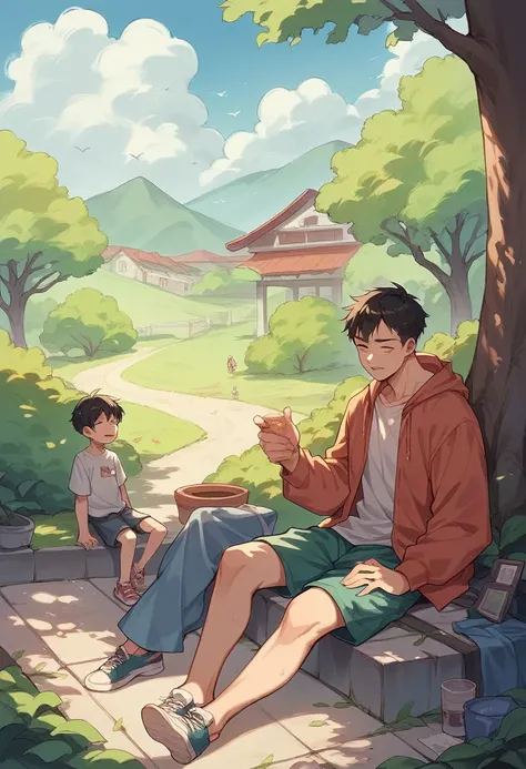 A man enjoying a relaxing evening with his family after a productive workday. anime style, colourful, extreme detail, supreme quality