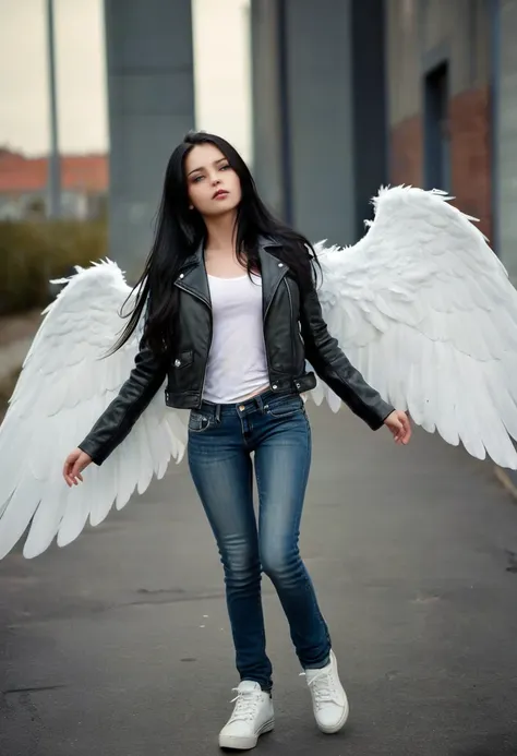 beautiful girl with long black hair. her skin is white. she’s wearing a black leather jacket, blue jeans, and she has storage sh...