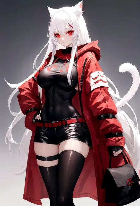 Girl with long white hair,red eyes, wear short shorts and tights, has a coat with a hood made of cat ears, nice body, big boobies