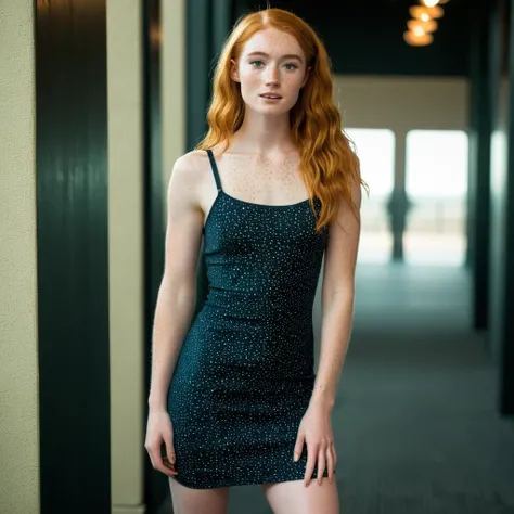 Stacey, A tall, young woman, 22 years old,  with long shoulders, athletic, lanky female, a strong build and long, freckles, strawberry blonde hair, freckles. Her skin is pale, long legs, She has small breasts, wand soft thighs, bodycon dress  Cinematic Hol...