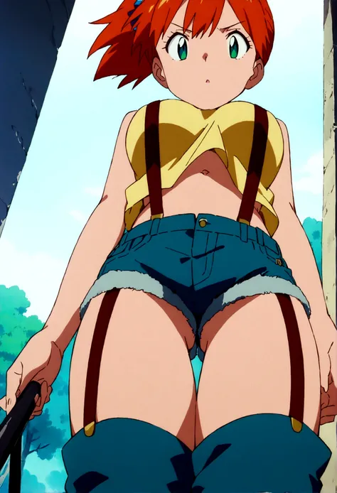 score_9,score_8, score_7_.superior,from below, (Low angle shot), (Insects Eye).walking,straight-on,  (mature) , (outcome), One girl, , Foggy, alone, Outdoor, Green Eyes, Orange Hair, Side Ponytail, Yellow Shirt, Sleeveless shirt,belly button, Denim shorts,...