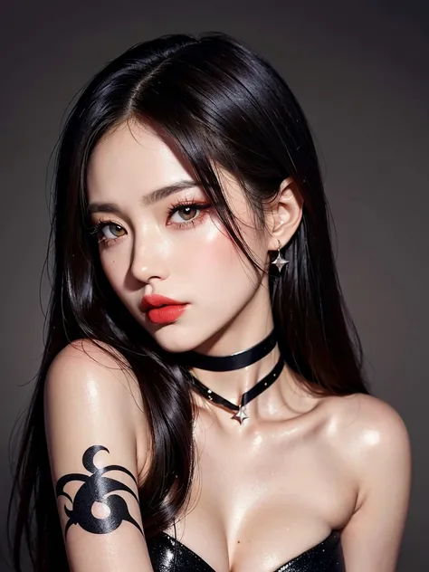 1girl, alone, solitary, high quality, (best quality,4k,8k,highres,masterpiece:1.2),ultra-detailed,(realistic,photorealistic,photo-realistic:1.37),gorgeous hair,black hair,long straight hair with bangs,sharp eyes,mole under the eye,plump lips,jewelry,(high ...