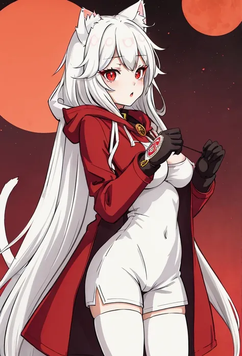 Girl with long white hair,red eyes, wear short shorts and tights, has a coat with a hood made of cat ears, nice body, big boobies