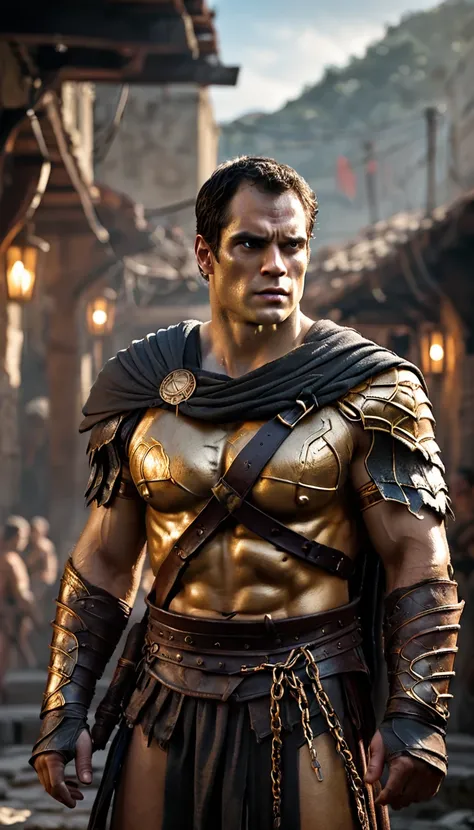 As the sun began to set, The warm golden color of the sun shone on his clothes, arafed man in a roman costume standing in a prison, in screenshot from the 300 movie, the the man is wrapped in chains, henry cavill as a greek god, 8 k movie still, henry cavi...