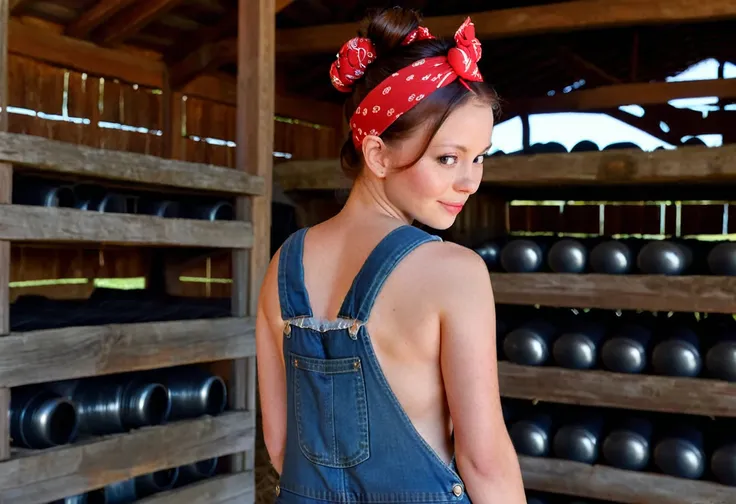 m1ag0th woman, brunette hair bun, red bandana, wearing only blue overalls jeans, in a barn, pearl movie, close up, in a barn with stacks, bending over while looking back at me