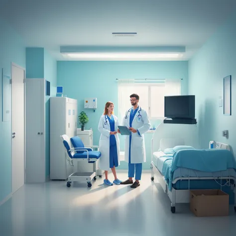 a man in a white coat is standing next to a woman in a hospital bed, medical doctor, flat illustration, hospital background, in ...