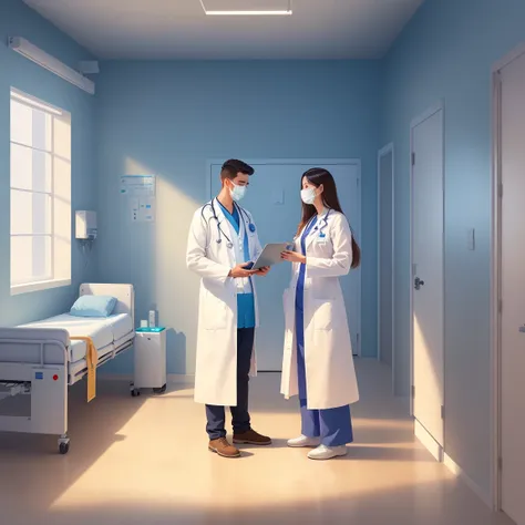 a man in a white coat is standing next to a woman in a hospital bed, medical doctor, flat illustration, hospital background, in ...