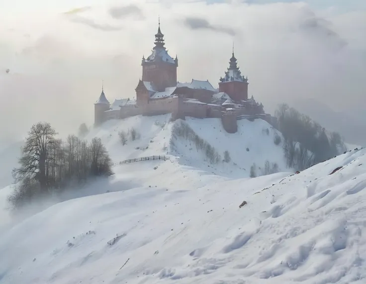 castle like rokoko. over a snowy old village in a foggy atmosphere [castle] [rokoko] [snow] [old village] [mysterious] [fog]