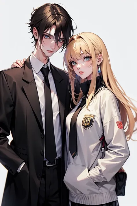 tall man,(man is taller than me woman) messy black-haired man wearing a , is a student, with his hands in his pockets. , a thin woman, long blonde hair, woman has green eyes, cheerleader. best quality, adorable, ultra-detailed, illustration, complex, detai...