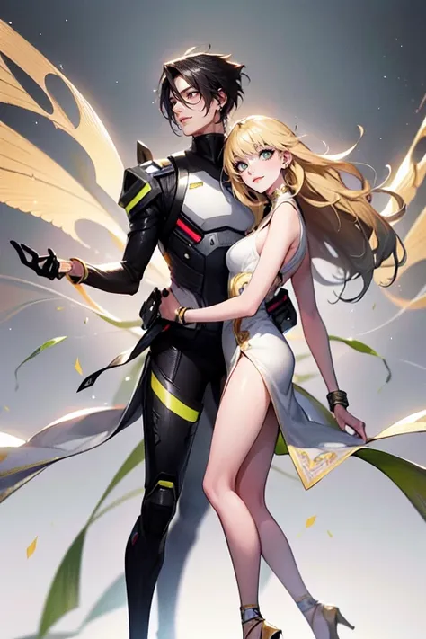 (tall man, (man is taller than me woman) messy black-haired man wearing a sexy  space outfit.),(a thin woman, long blonde hair, ...