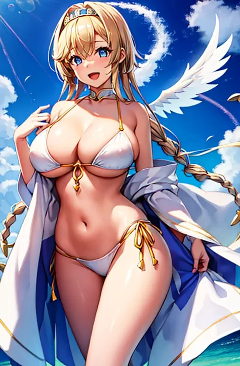 Arafe woman wearing a white bikini, belly button、Open Mouth Smile、Blonde hair and blue eyes、白いビキニを着ているsuper Wide Angel, Majestic angel all over the body, Anime Goddess, Wide Angel, Angela White, chic, Spectacular angles and poses,Beautiful and attractive a...