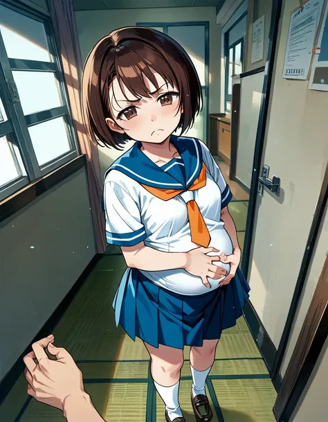 独奏,1 girl pov hands, grab belly,{{onodera kosaki, brown eyes, brown hair, short hair, bangs white seraphuku, light_blue sailor c...