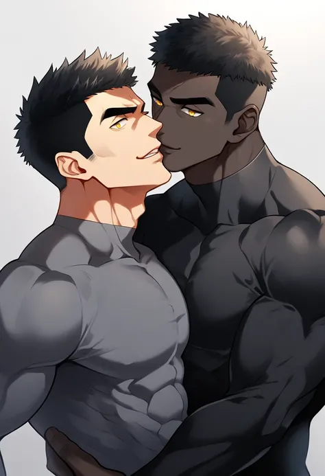 anime characters：Two superheroes in tights, Muscle superhero, negro black skin, They hugged and kissed each other, Bite your neck, Caress, Manliness, male focus, Yellow and black high collar long sleeve tight T-shirt, Slightly transparent material, Very ti...