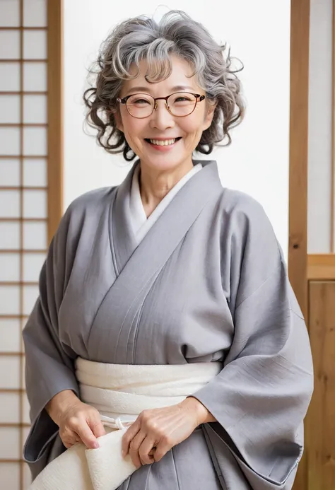 old woman,Japanese,Wrinkle,smile,Plain Kimono,Gray Hair,Perm,Light makeup,Break,Glasses