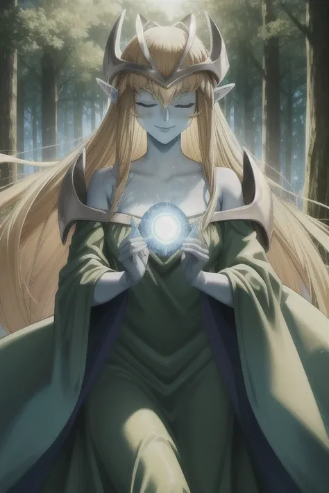 mysticalygo, mystical elf, smile, eyes closed, green dress, long skirt, blue skin, blonde hair, long hair, forest, Yugioh, 