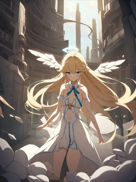 zaora, blue eyes, (variegated eyes:0.5), blonde, very long hair, twin blade, bangs, ahoge, hello, angel, flat chest, white dress...