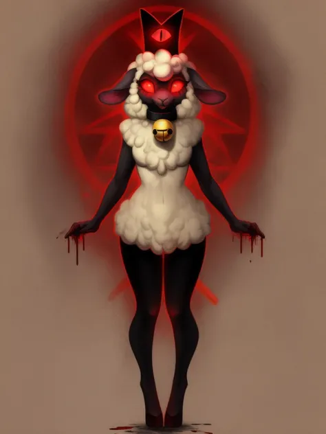 Best quality, ultra high resolution,full body, Necronomicon Sketch,old Paper Texture,mad writing , cultofthelamb,crown,sheep girl,collar,glowing eyes,blood from eyes, bell collar