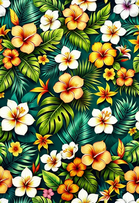 a seamless floral pattern with leaves and flowers on a green background, wallpaper设计, tropical flowers, tropical background, flo...