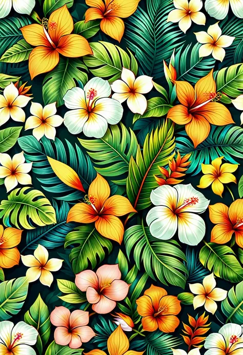 a seamless floral pattern with leaves and flowers on a green background, wallpaper设计, tropical flowers, tropical background, flo...