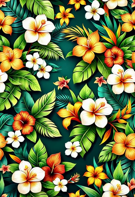 a seamless floral pattern with leaves and flowers on a green background, wallpaper设计, tropical flowers, tropical background, flo...