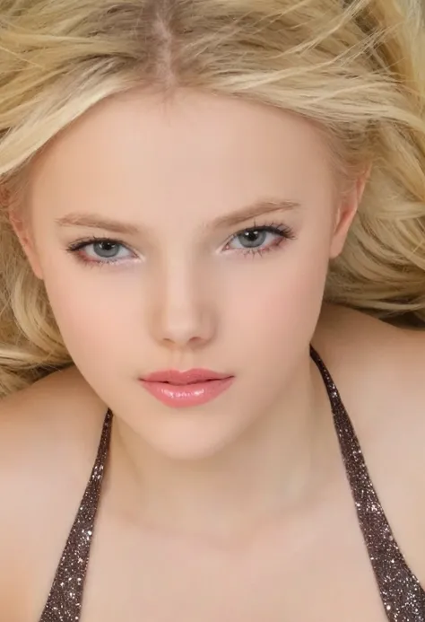 Leila、16 years old、（Russian women）、（Cute face:1.3）、（（（thick upper lip）））、Thin contours、Grey Eyes、、Blonde medium-long hair、Big Breasts、Model Style、（（（whole body:1.3）））、bikini