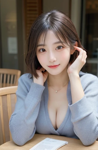 Tabletop, Highest quality, shape, Very detailed, In detail, High resolution, 8k wallpaper, Perfect dynamic composition, Beautiful attention to detail, Womens fashion,Very short hair,Large breasts, natural color, lips, Bold sexy pose,smile,Harajuku、20-year-...