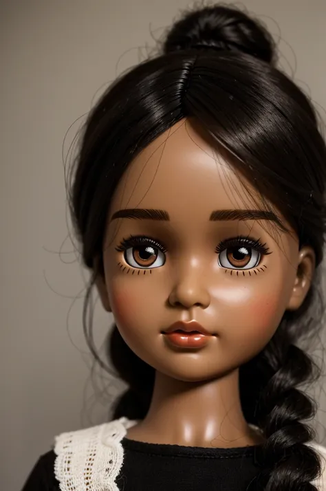 A doll with big brown eyes, dark skin, with wavy black hair and a small mole above her upper lip 