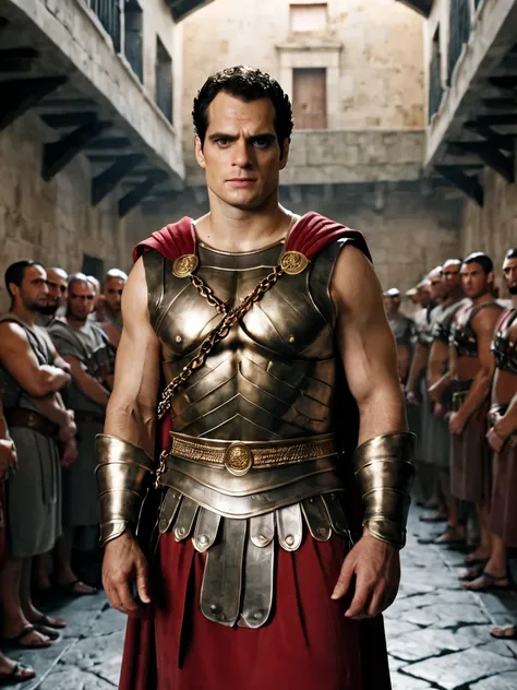 arafed man in a roman costume standing in a prison, in screenshot from the 300 movie, the the man is wrapped in chains, henry ca...