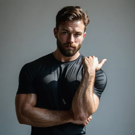 raw-foto, close-up full body portrait of handsome man with beard in black sportswear, long t-shirt over the stomach, he shows hi...