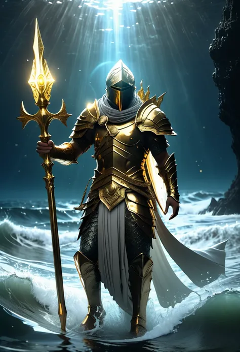 atlantean warriors, hedra, emerges as a luminary from the depths of the ocean. he is carrying a white sceptre, a golden sceptre,...