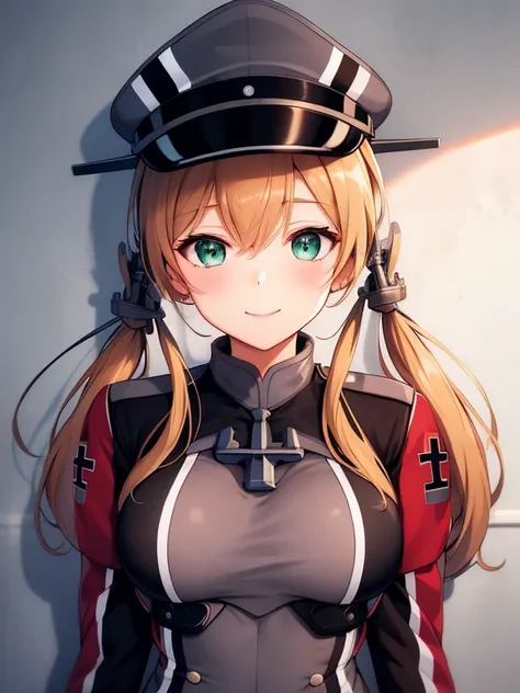 (masterpiece, best quality:1.2),illustration,8k,hd,1girl,solo,upper body,(portrait:1.2),hat,blonde hair,twintails,uniform,gloves,hair ornament,military uniform,anchor hair ornament,peaked cap,white gloves,low twintails,iron cross,breasts,smile,long sleeves...