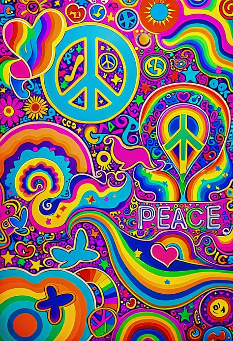 colorful peace pattern, like, and music symbols, peace and like, like peace and unity, hippie pattern, hippie, whimsical and psy...