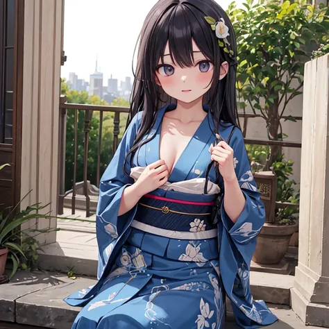 (Fox Girl, Fox Ears, Black colored hair, Fox Makeup, One Girl, Long Hair:1.6), (kimono, Kimono with open chest, A beautiful kimono with red and black patterns, I can see her cleavage, Open chest, Exposed skin:1.8), (Body measurements are 75-60-75!, Young g...