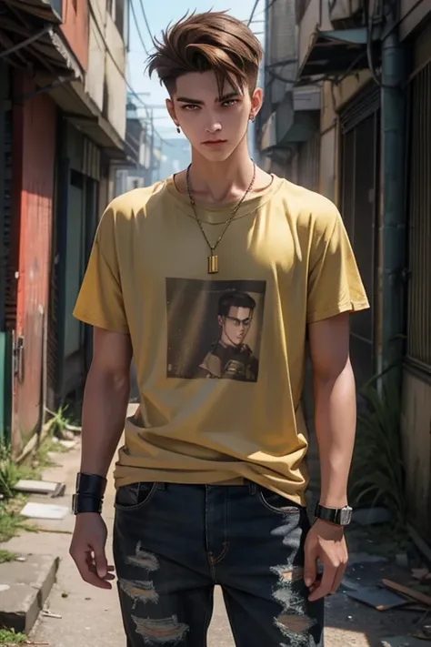 Anime guy, 21 years old, cyberpunk, neutral expression, with brown hair parted in the middle, shoulder length brown hair on right side of face, buzzed undercut, yellow eyes, greenish clay grey T-shirt, skinny biker jeans, gold cross necklace, standing in a...