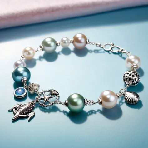 A shiny silver bracelet, on the wrist, (marine-themed charms:1.5), pearls, transparent colorful beads, delicate thin chain, (best quality, 4k, 8k, highres, masterpiece:1.2), ultra-detailed, (realistic, photorealistic, photo-realistic:1.37), intricate jewel...