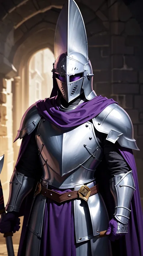 Knight wearing a bucket helmet that covers the entire head, with a purple cape and wields a battle axe