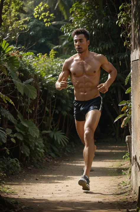 A man in jungle running with a dog